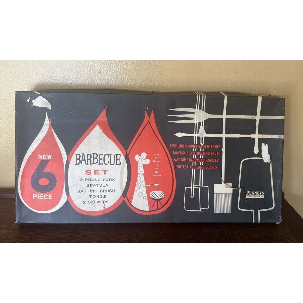 Vintage Penney's Barbecue MCM BBQ Set of‎ 6 Tools Wood Handle NIB